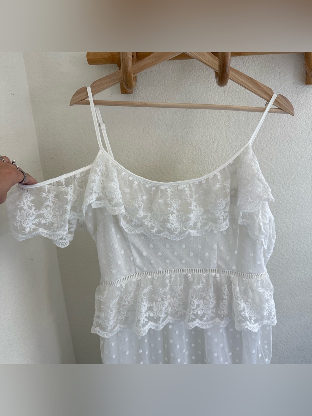 Boho White lace maxi cold shoulder tiered dress ruffles polka dots cottagecore - Picture 2 of 8